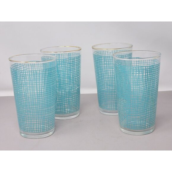 Set Of 4 Vintage Mid-Century Turquoise Grid Pattern Glass Tumblers With Gold Rim - Picture 1 of 11